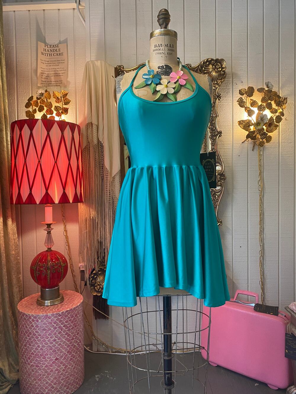 american apparel disco halter dress, emerald green, full skirt, mini, 70s style